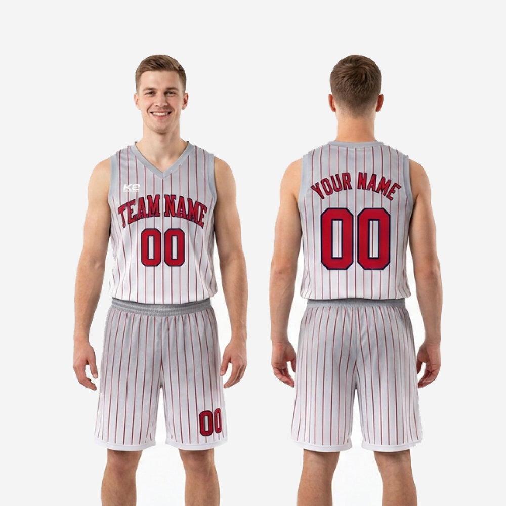 Pinstripe Custom Red and White Basketball Uniforms - Full Set