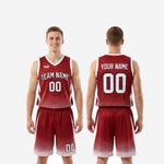 Size and specification sheet for red and white custom basketball uniforms showing youth and adult sizing options