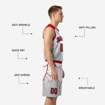 Back view of custom red and white basketball uniforms showing player name, back number, and full lightning sublimation on jersey