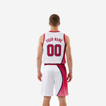 Back view of custom red and white basketball jersey showing player number placement and crimson armhole binding detail