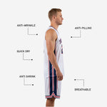 Back view of custom red and white basketball uniform showing back number placement and navy side panels