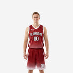 Red and white basketball uniforms front and back view showing hex-dot gradient shorts and chevron stripe jersey with team name and number 00