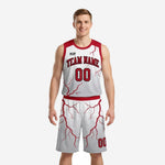 Custom red and white basketball uniforms full set with red lightning graphic, crew neck jersey and matching shorts, front view