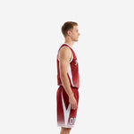 Front view of custom red and white basketball jersey and shorts set with arced team name and white V-neck trim