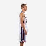 Front view of white and navy custom basketball uniform showing arched team name and number 21 on chest