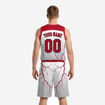 Opposite side view of red and white sublimated basketball uniform set with red waistband and lightning crack design on shorts