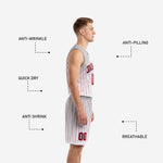 Back view of the custom red and white basketball uniform showing back number placement and pinstripe shorts detail