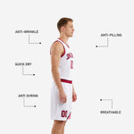 Shorts detail of crimson and white basketball uniform showing leg number placement and elastic crimson waistband with drawcord