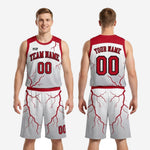 Size and specification sheet for custom red and white basketball uniforms showing youth and adult sizing chart