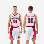 Size and specification sheet for custom red and white basketball uniforms covering youth and adult roster sizing