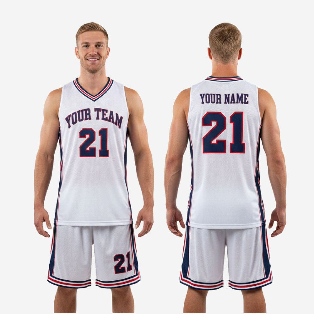 White/Navy Custom Red and White Basketball Uniforms | Names and Numbers
