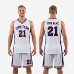 Size and specification sheet for custom red and white basketball uniform sets in youth and adult sizing