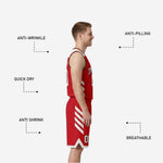 Red and white reversible basketball uniform back view showing back number placement and chevron panels on jersey and shorts