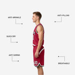 Back view of crimson red reversible basketball jersey with back name and number placement above the hem binding