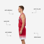 Back view of red and white reversible basketball uniform showing back number and name print zones