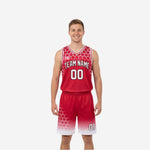 Red and white reversible basketball uniforms front view showing hexagon fade jersey and matching shorts on male model