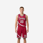 Red and white reversible basketball uniforms showing crimson side with diagonal swirl pattern, arced team name, and front number 00