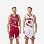 Full two-piece reversible basketball uniform set in crimson and white showing jersey and shorts together