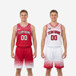 Full set view of red and white reversible basketball uniform jersey and matching shorts laid flat