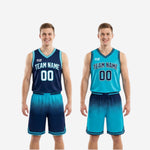 Full set view of red and white reversible basketball uniform 2-piece jersey and shorts laid flat showing both color sides