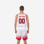 Opposite side view of red and white reversible basketball uniform hexagon fade shorts and jersey detail