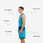 Close-up of matching basketball shorts waistband drawcord and hexagon-fade gradient from red to white at the hem