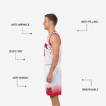 Shorts detail of red and white reversible basketball uniform with hexagon fade and player number on right thigh