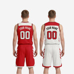 Size and specification sheet for custom red and white reversible basketball uniforms covering youth and adult sizing