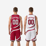 Size and specification sheet for custom red and white reversible basketball uniforms covering youth and adult sizing