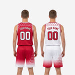 Size and specification sheet for red and white reversible basketball uniforms youth and adult sizing