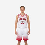 White side of red and white reversible basketball uniform with red hexagon pattern team name and number on male model