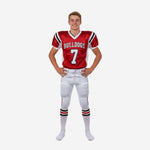Size and spec reference for custom red and white youth football uniforms available in youth sizes for full roster ordering