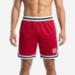 Custom red basketball shorts with navy and white chevron hem stripe and elastic waistband, front view, player number 00 on right thigh