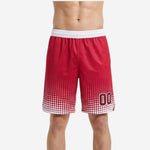 Custom red basketball shorts with white halftone dot fade pattern and white elastic waistband, player number at lower leg, front view