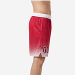 Side view of custom red basketball shorts showing white halftone dot fade from hip to hem, side split at leg opening, and white waistband