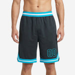 Spec sheet for custom red basketball shorts showing fabric, print method, and size run