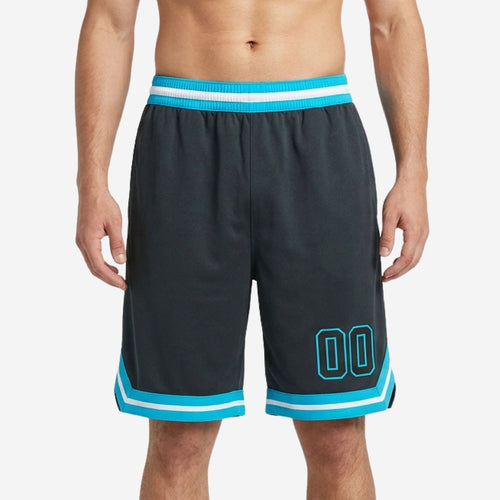 Spec sheet for custom red basketball shorts showing fabric, print method, and size run