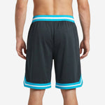 Red basketball shorts front view with player number below wing crest graphic on left thigh