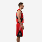Red and black custom basketball uniform side view showing vertical white stripe on shorts