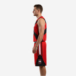 Sublimated red and black basketball uniform right side view with arrow panel shorts detail