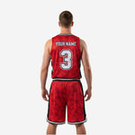 Back view of red and black custom basketball uniform kit with player name and number 3