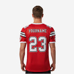 Sublimated American football jersey in red with black and white stripes - opposite side view showing sleeve number zone and white cuff binding