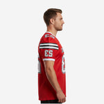Size and specification sheet for custom football jerseys with logo in red and black - youth and adult size run chart