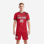 Custom red and black spiderweb soccer uniform full set front view, soccer uniforms for teams by K2 Sportswear