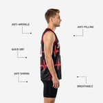 Close detail of sublimated heartbeat graphic and red V-neck binding on custom black and red basketball jersey for teams and clubs