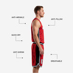 Side view of red sublimated basketball uniform showing anti-wrinkle quick-dry breathable features