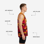 Back view of red black and yellow camo basketball jersey showing back name and number zones on continuous camo field