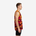Front view of red black and yellow basketball jersey showing gold armhole binding and white front number on camo print