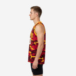 Left side view of red camo basketball jersey showing sleeveless cut and straight hem at tuck-in length