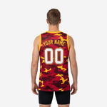 Right side view of sublimated red and gold camo basketball jersey with full-body three-tone camo pattern